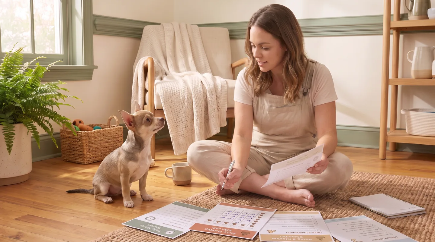 A puppy owner reviewing the printed Puppy Routine Reset Toolkit