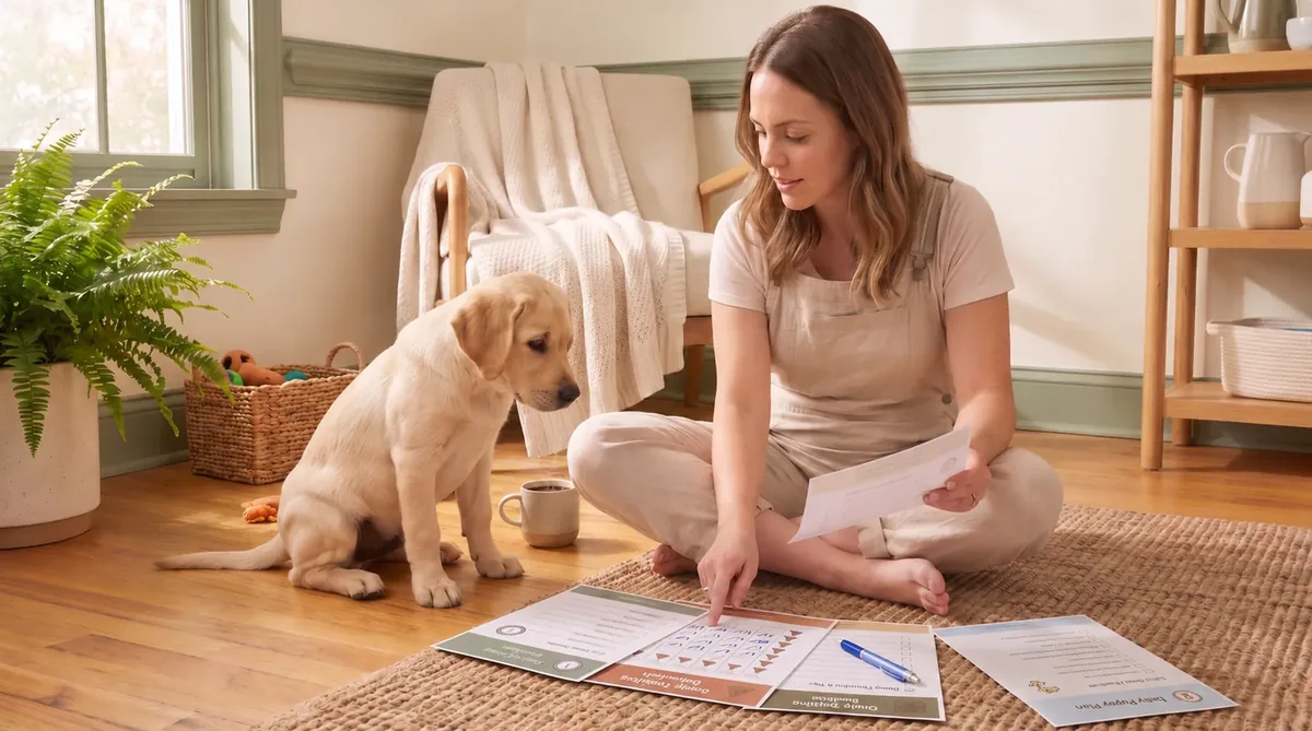 A puppy owner reviewing the printed Free Puppy Routine Reset Toolkit checklists with Tucker the Labrador puppy
