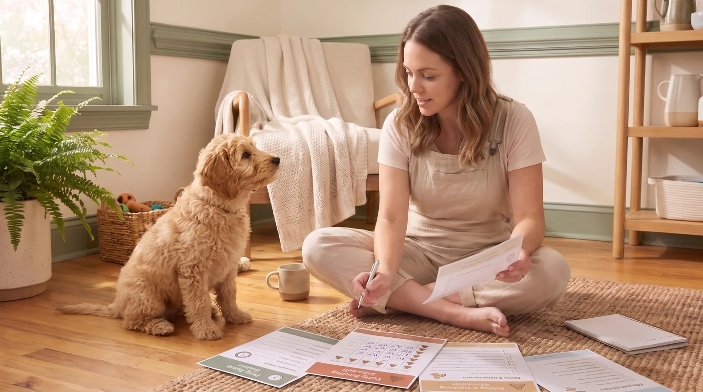 A puppy owner reviewing the printed Puppy Routine Reset Toolkit