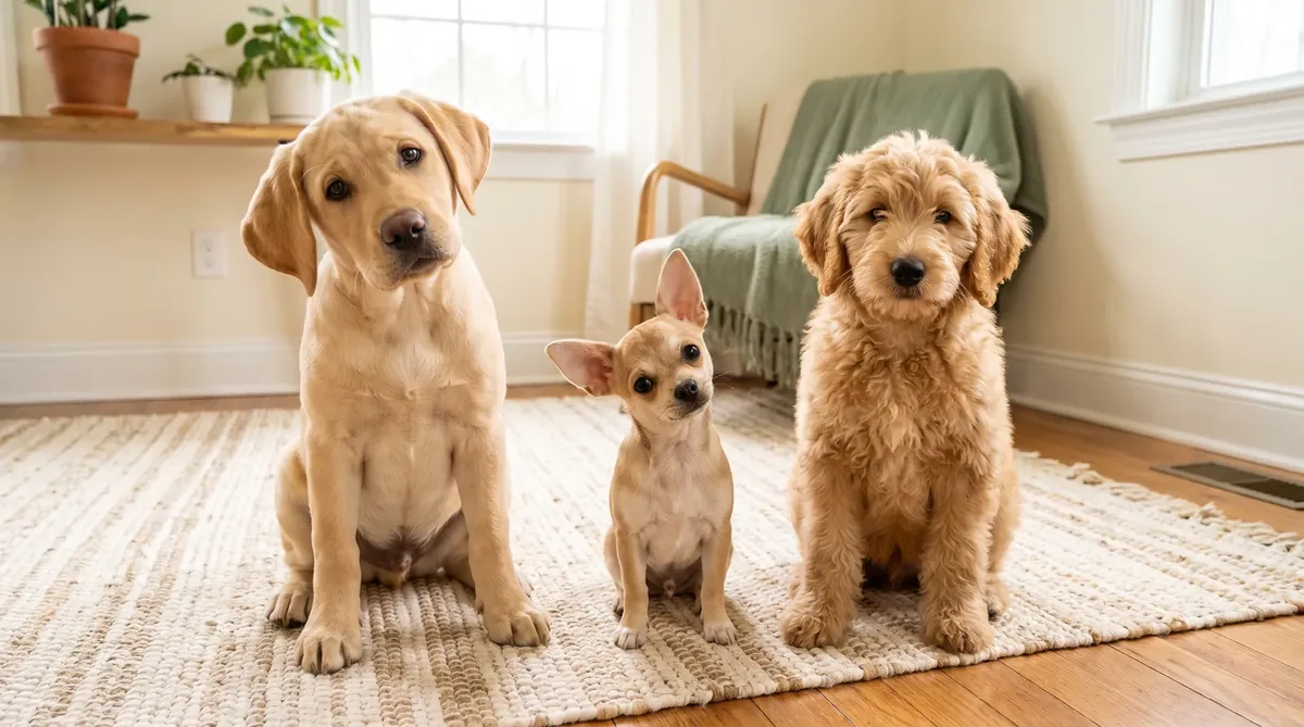 Tucker the Labrador, Penny the Chihuahua, and Daisy the Doodle puppy sitting together in a warm Southern living room